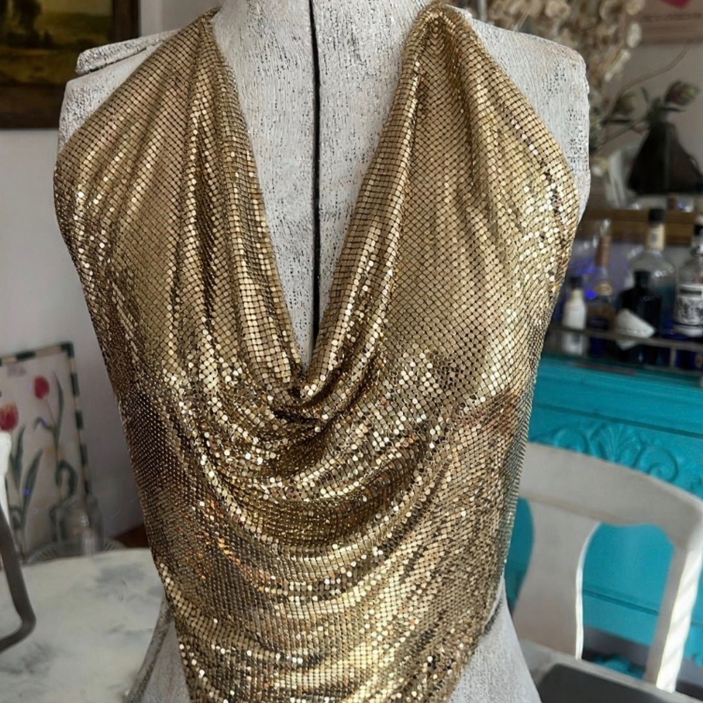 Vintage Disco METAL MESH HALTER top Original 70s WHITING and DAVIS Goldtone